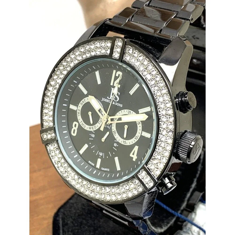Joshua & Sons Men's Watch JS81BK Quartz Gemmed Black Dial Stainless Steel 52mm